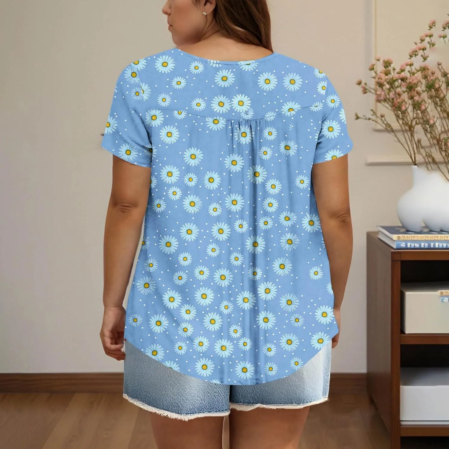 Women's Plus Size Tops Casual Summer Pleated Button Up Crewneck Tunic Shirt Loose Fit Short Sleeve Printed Blouses