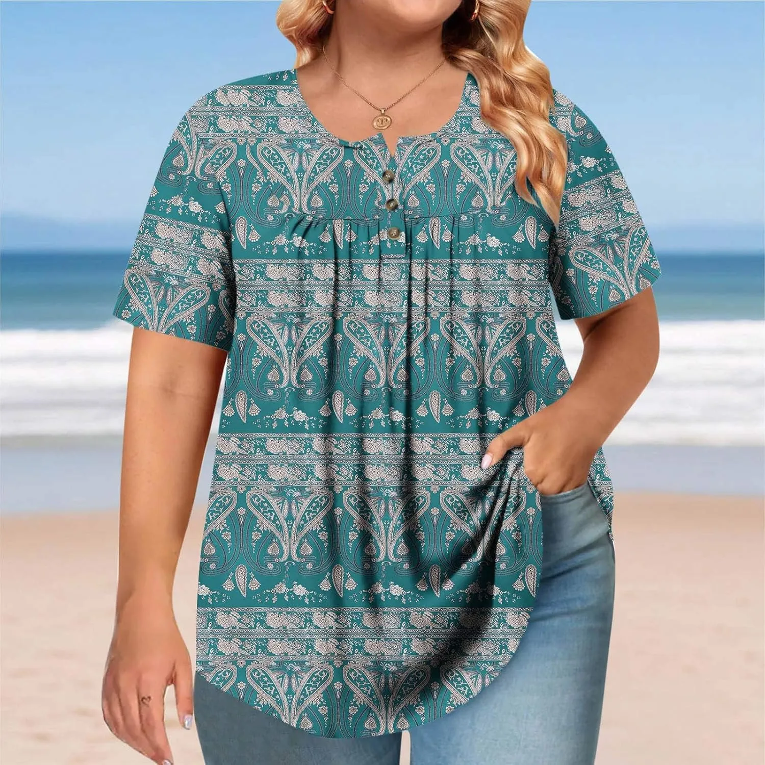 Women's Plus Size Tops Casual Summer Pleated Button Up Crewneck Tunic Shirt Loose Fit Short Sleeve Printed Blouses