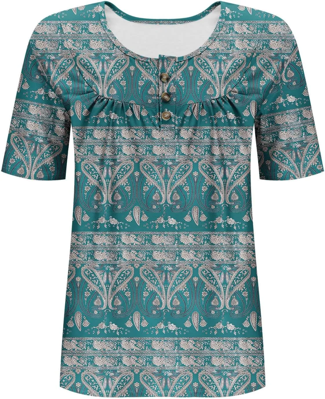 Women's Plus Size Tops Casual Summer Pleated Button Up Crewneck Tunic Shirt Loose Fit Short Sleeve Printed Blouses