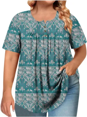 Women's Plus Size Tops Casual Summer Pleated Button Up Crewneck Tunic Shirt Loose Fit Short Sleeve Printed Blouses