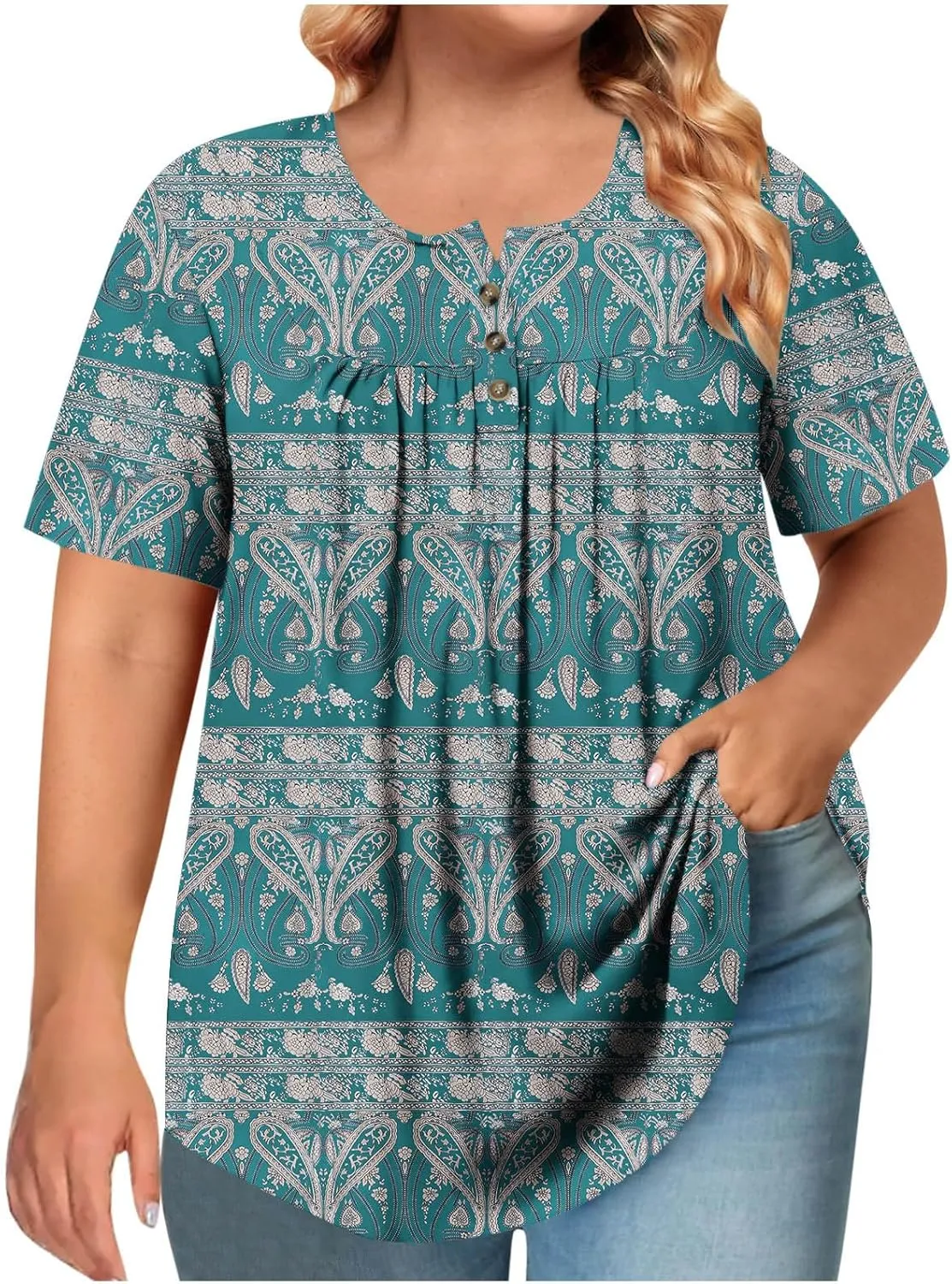 Women's Plus Size Tops Casual Summer Pleated Button Up Crewneck Tunic Shirt Loose Fit Short Sleeve Printed Blouses