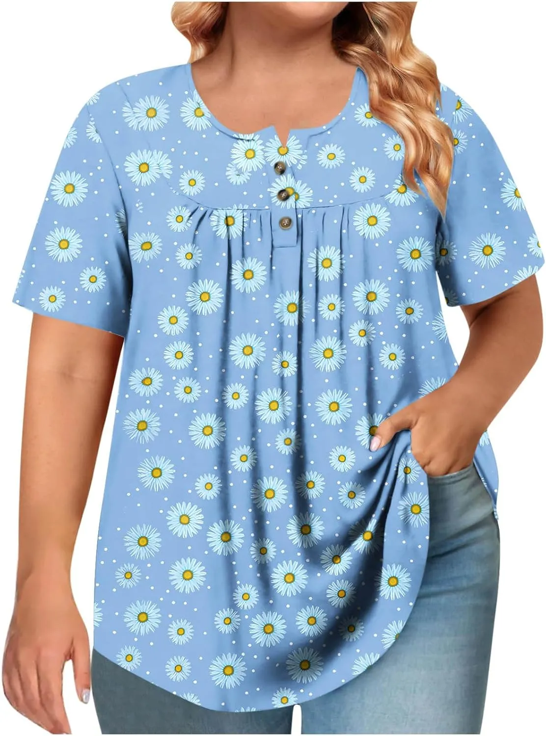 Women's Plus Size Tops Casual Summer Pleated Button Up Crewneck Tunic Shirt Loose Fit Short Sleeve Printed Blouses
