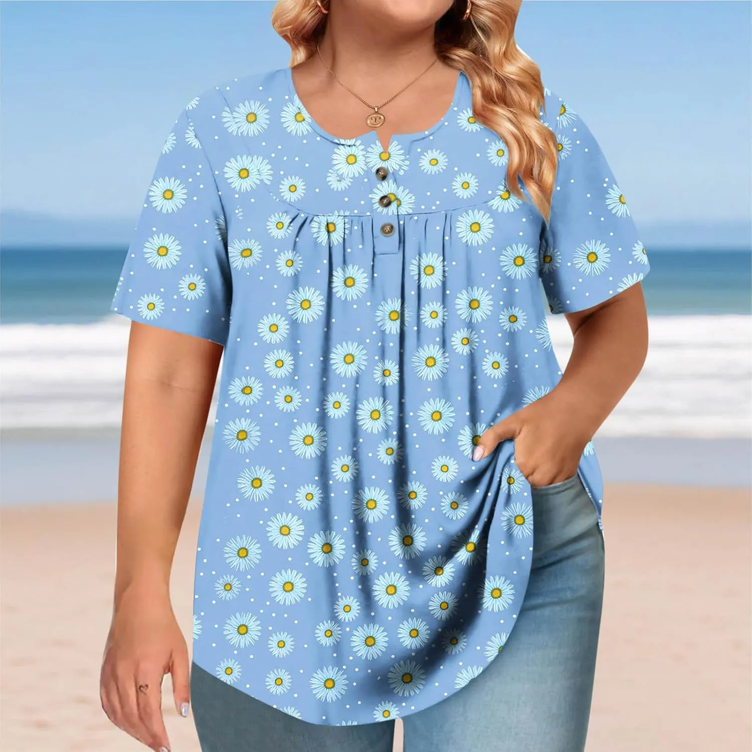 Women's Plus Size Tops Casual Summer Pleated Button Up Crewneck Tunic Shirt Loose Fit Short Sleeve Printed Blouses