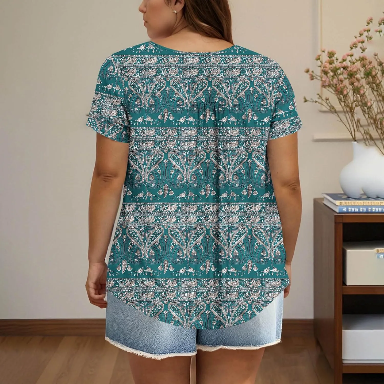 Women's Plus Size Tops Casual Summer Pleated Button Up Crewneck Tunic Shirt Loose Fit Short Sleeve Printed Blouses