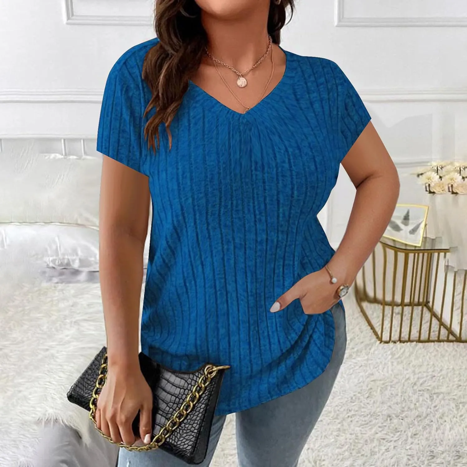 Womens Plus Size Tops Summer Short Sleeve V-Neck Casual Loose Solid Ribbed Knit Basic Tee Shirt