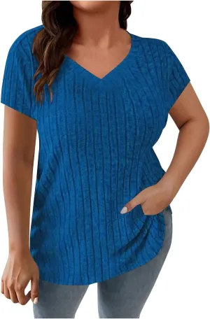 Womens Plus Size Tops Summer Short Sleeve V-Neck Casual Loose Solid Ribbed Knit Basic Tee Shirt