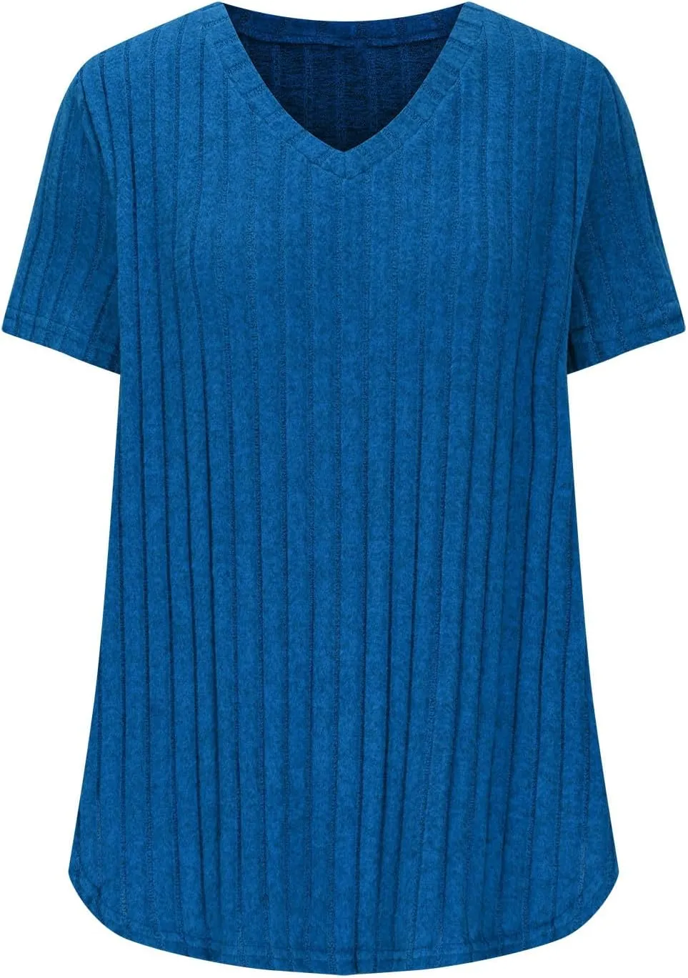 Womens Plus Size Tops Summer Short Sleeve V-Neck Casual Loose Solid Ribbed Knit Basic Tee Shirt