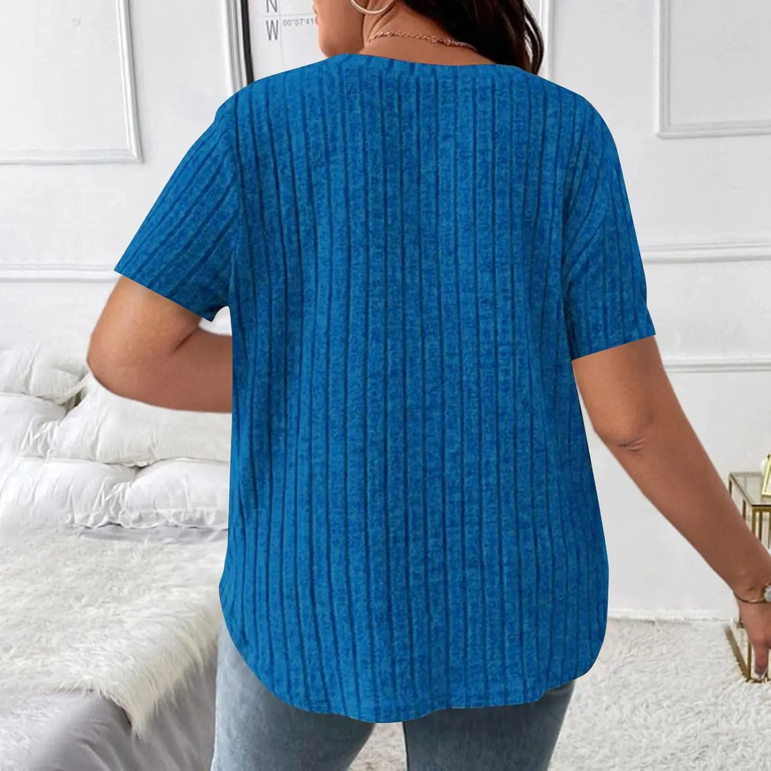 Womens Plus Size Tops Summer Short Sleeve V-Neck Casual Loose Solid Ribbed Knit Basic Tee Shirt