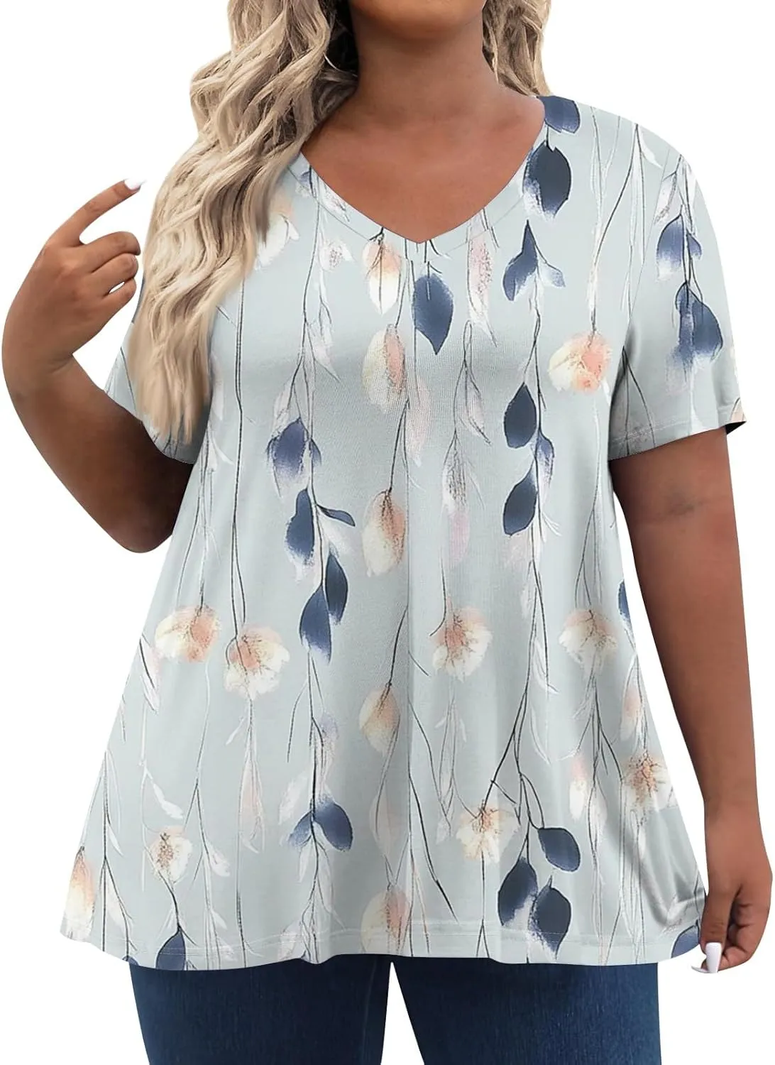 Womens Plus Size V Neck T Shirts 2025 Summer Short Sleeve Tee Blouses Casual Loose Fit Cotton Tunic Tops Floral Print