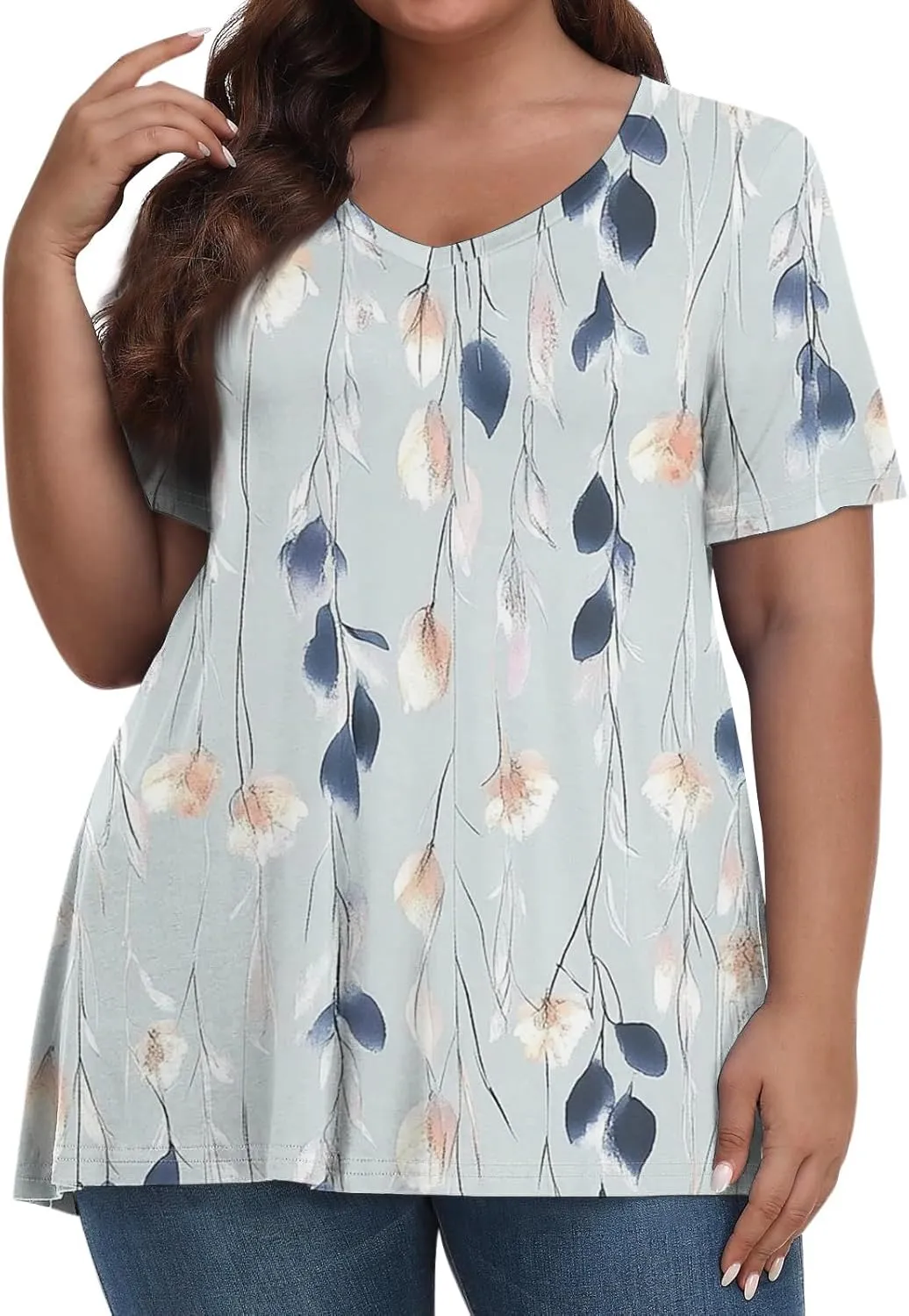 Womens Plus Size V Neck T Shirts 2025 Summer Short Sleeve Tee Blouses Casual Loose Fit Cotton Tunic Tops Floral Print
