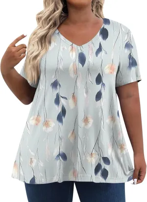 Womens Plus Size V Neck T Shirts 2025 Summer Short Sleeve Tee Blouses Casual Loose Fit Cotton Tunic Tops Floral Print