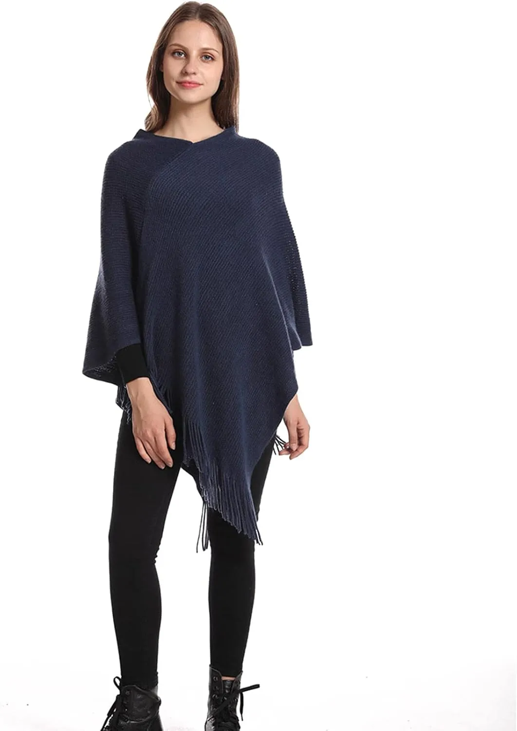 Womens Poncho Sweater V Neck Knitted Pullover Shawls Wraps Capes with Fringes Gifts for Women Mom
