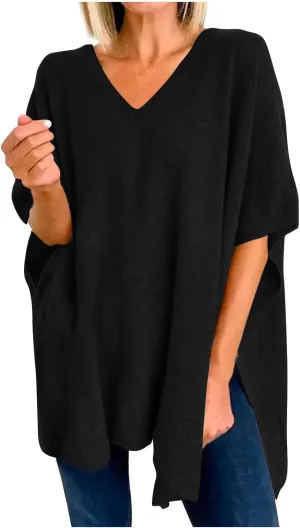 Womens Poncho Sweater Women V Neck Ponchos and Wraps Batwing Sleeveless Shawl Pullover Sweaters Teens Fashion Clothing