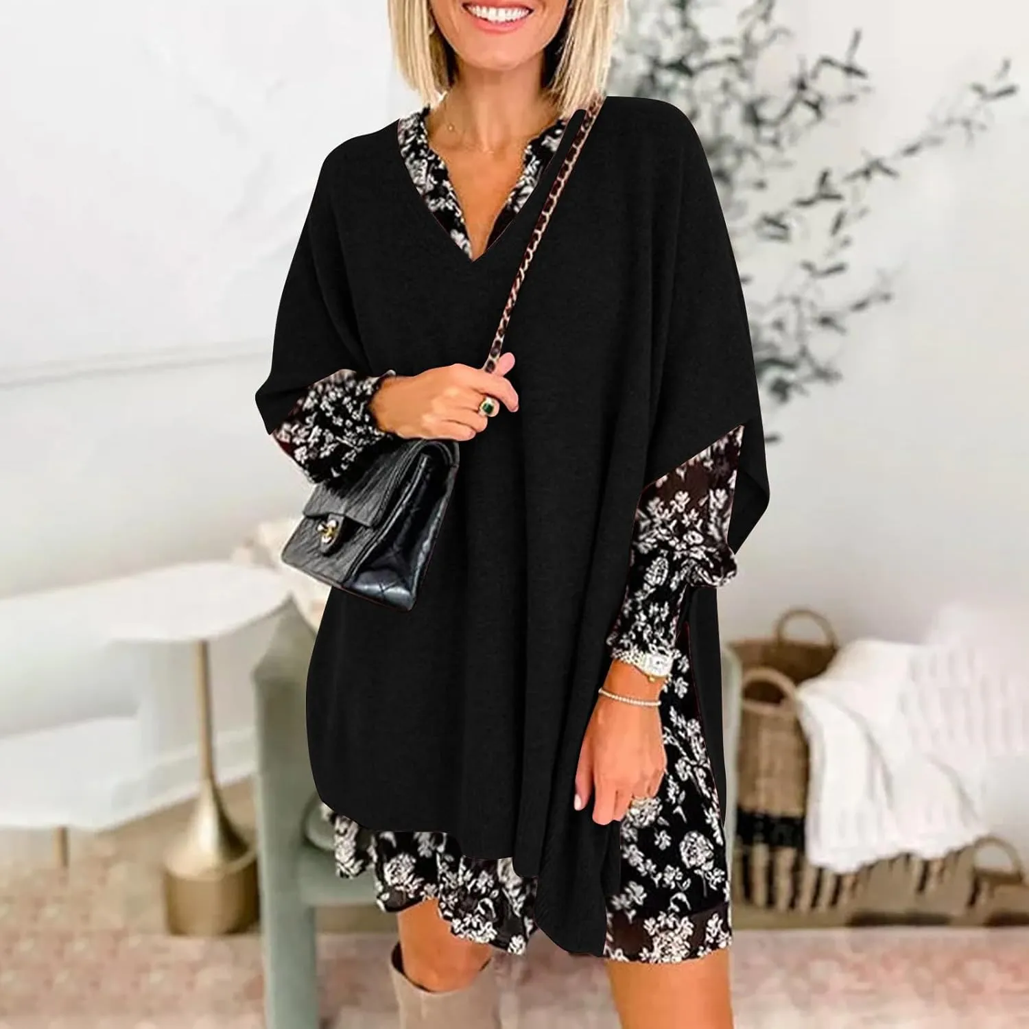 Womens Poncho Sweater Women V Neck Ponchos and Wraps Batwing Sleeveless Shawl Pullover Sweaters Teens Fashion Clothing