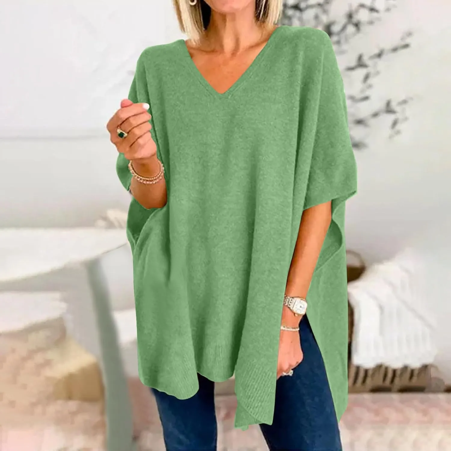 Womens Poncho Sweater Women V Neck Ponchos and Wraps Batwing Sleeveless Shawl Pullover Sweaters Teens Fashion Clothing