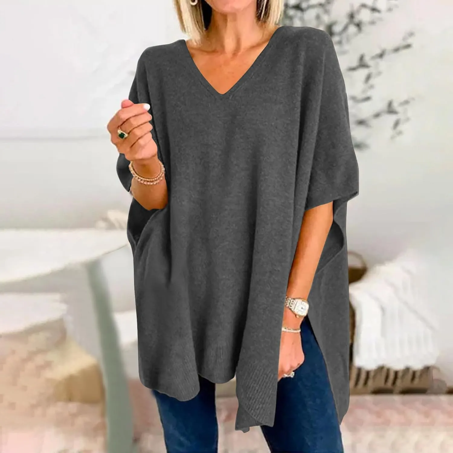 Womens Poncho Sweater Women V Neck Ponchos and Wraps Batwing Sleeveless Shawl Pullover Sweaters Teens Fashion Clothing