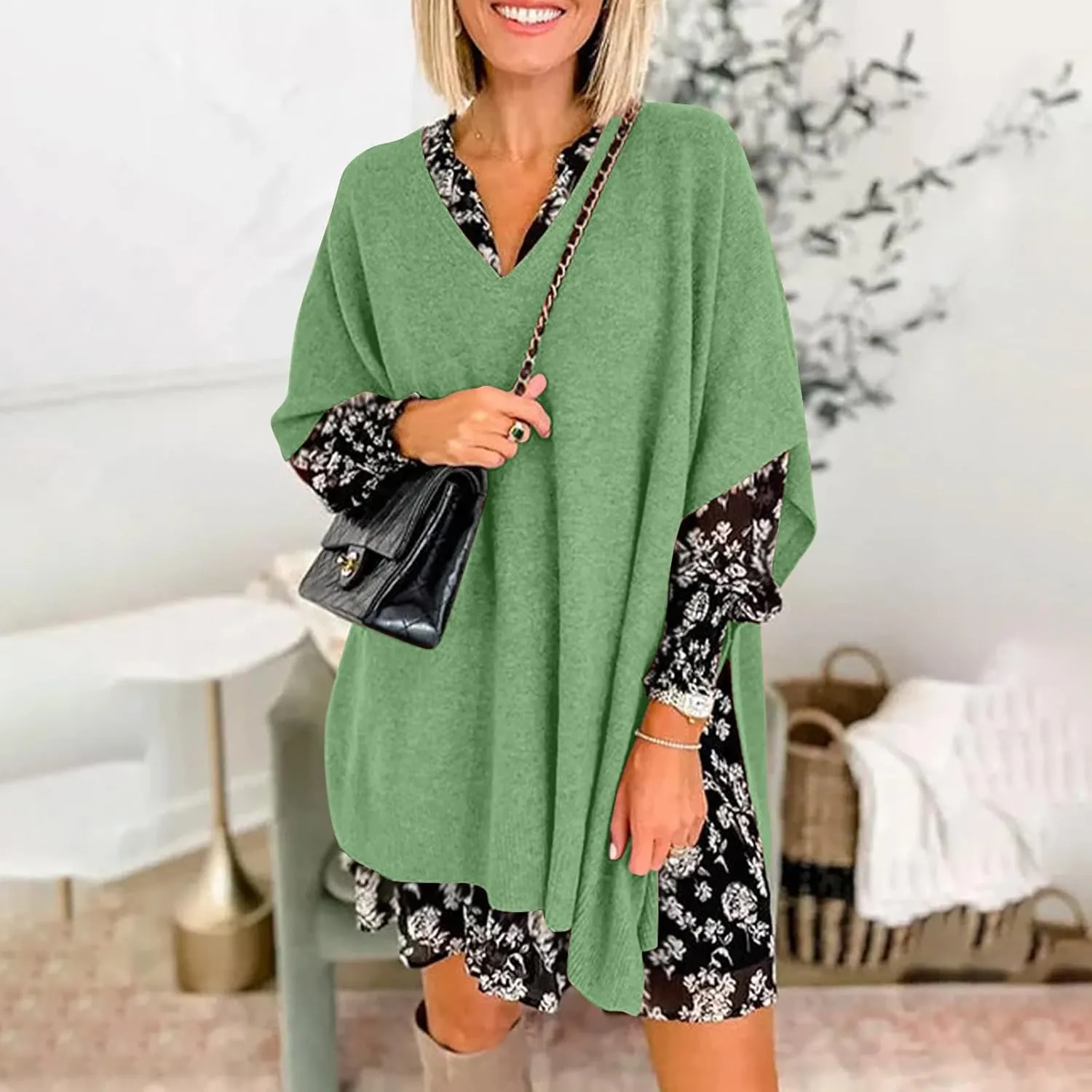 Womens Poncho Sweater Women V Neck Ponchos and Wraps Batwing Sleeveless Shawl Pullover Sweaters Teens Fashion Clothing