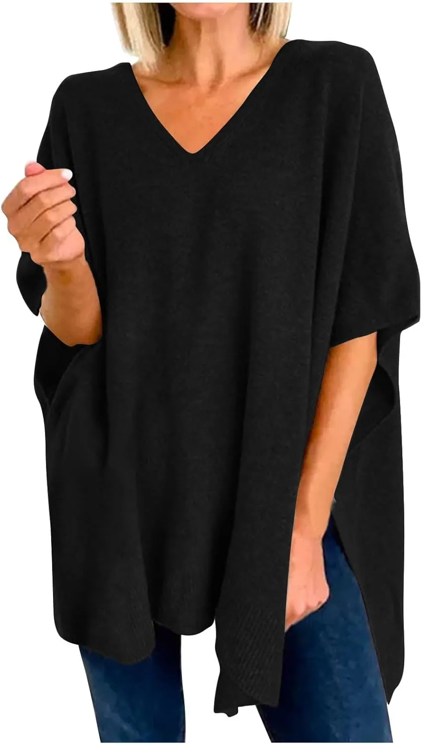 Womens Poncho Sweater Women V Neck Ponchos and Wraps Batwing Sleeveless Shawl Pullover Sweaters Teens Fashion Clothing