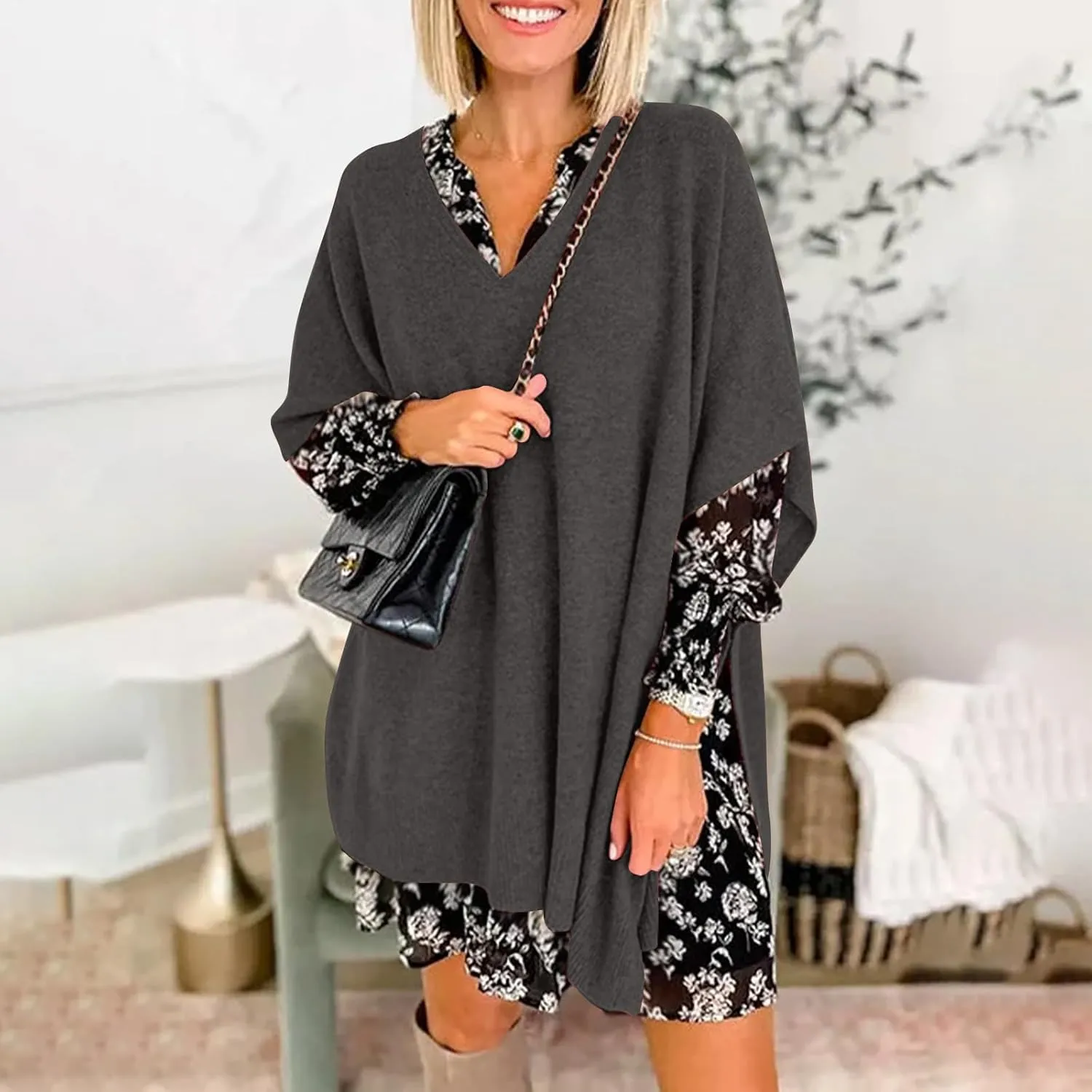 Womens Poncho Sweater Women V Neck Ponchos and Wraps Batwing Sleeveless Shawl Pullover Sweaters Teens Fashion Clothing