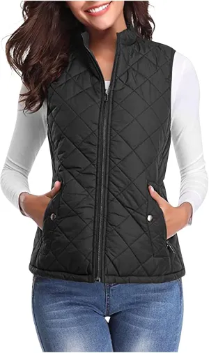 Women's Quilted Vest Stand Collar Lightweight Zip Padded Puffer Stand Collar Sleeveless Winter Warm Outerwear Jackets