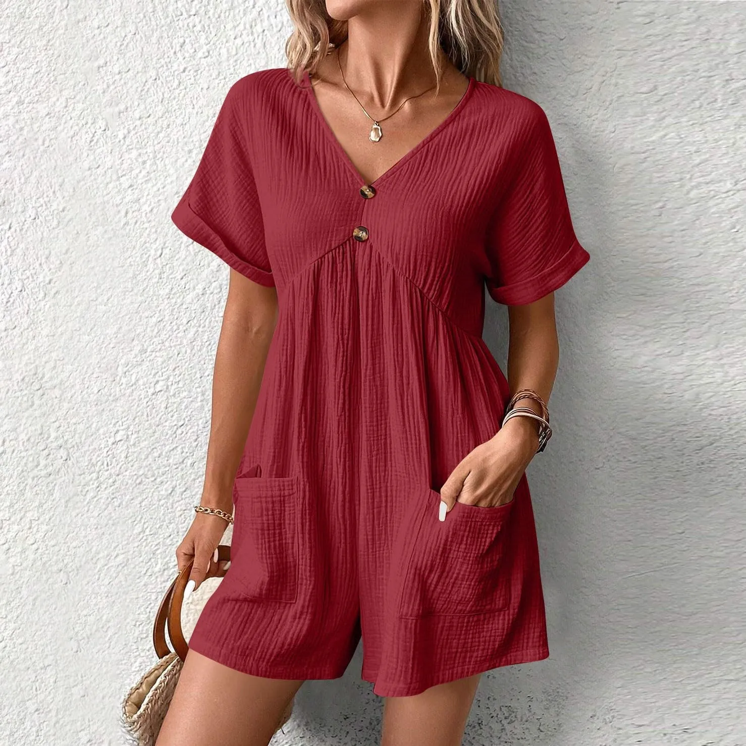 Womens Rompers for Summer V Neck Short Sleeve T Shirt Romper Casual Loose Short Jumpsuits with Pockets Beach Outfits