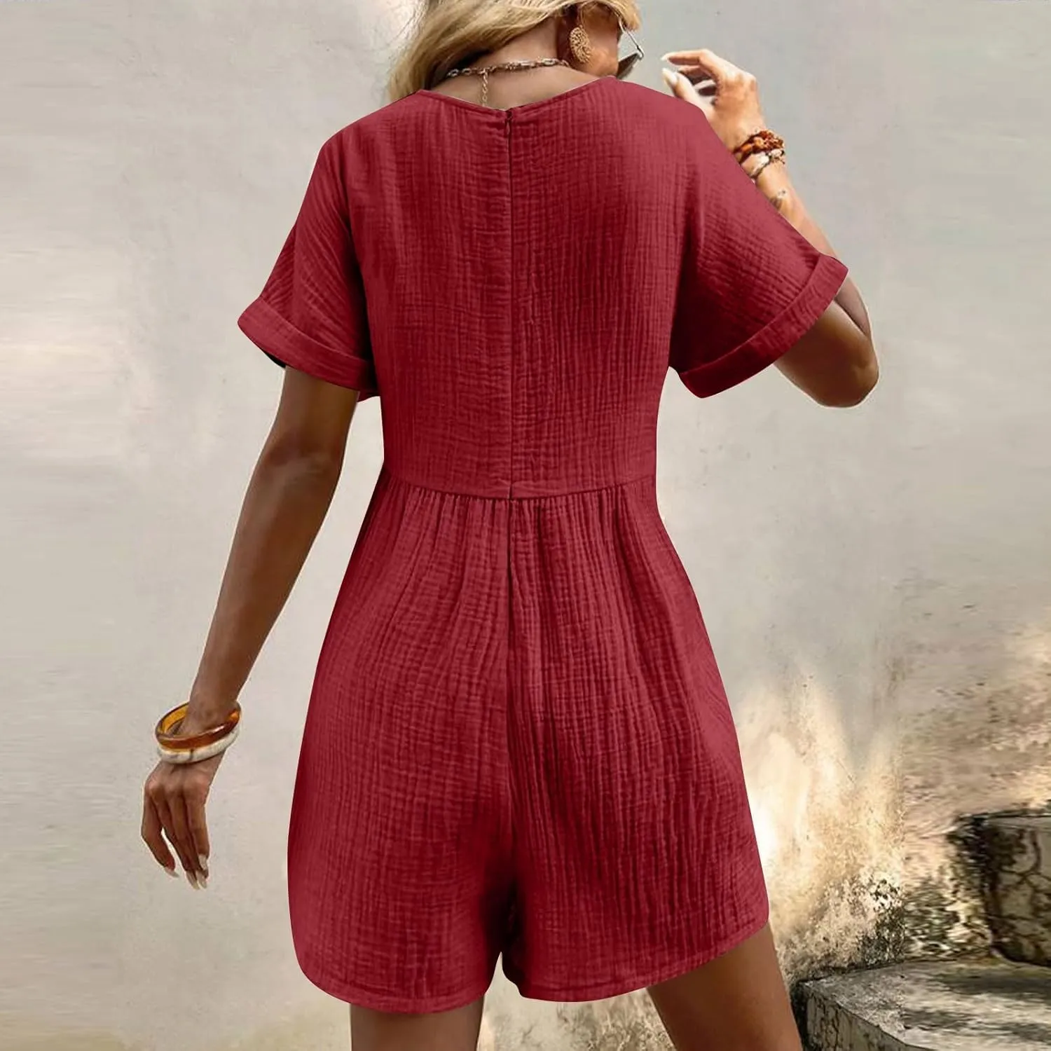 Womens Rompers for Summer V Neck Short Sleeve T Shirt Romper Casual Loose Short Jumpsuits with Pockets Beach Outfits