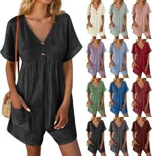 Womens Rompers for Summer V Neck Short Sleeve T Shirt Romper Casual Loose Short Jumpsuits with Pockets Beach Outfits