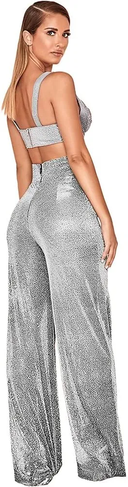 Women's Sexy High Waist Wide Leg Palazzo Lounge Pants Metallic Glitter Bell Bottoms Trousers Rave Party