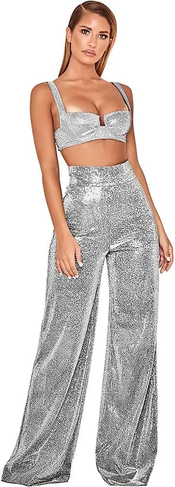 Women's Sexy High Waist Wide Leg Palazzo Lounge Pants Metallic Glitter Bell Bottoms Trousers Rave Party