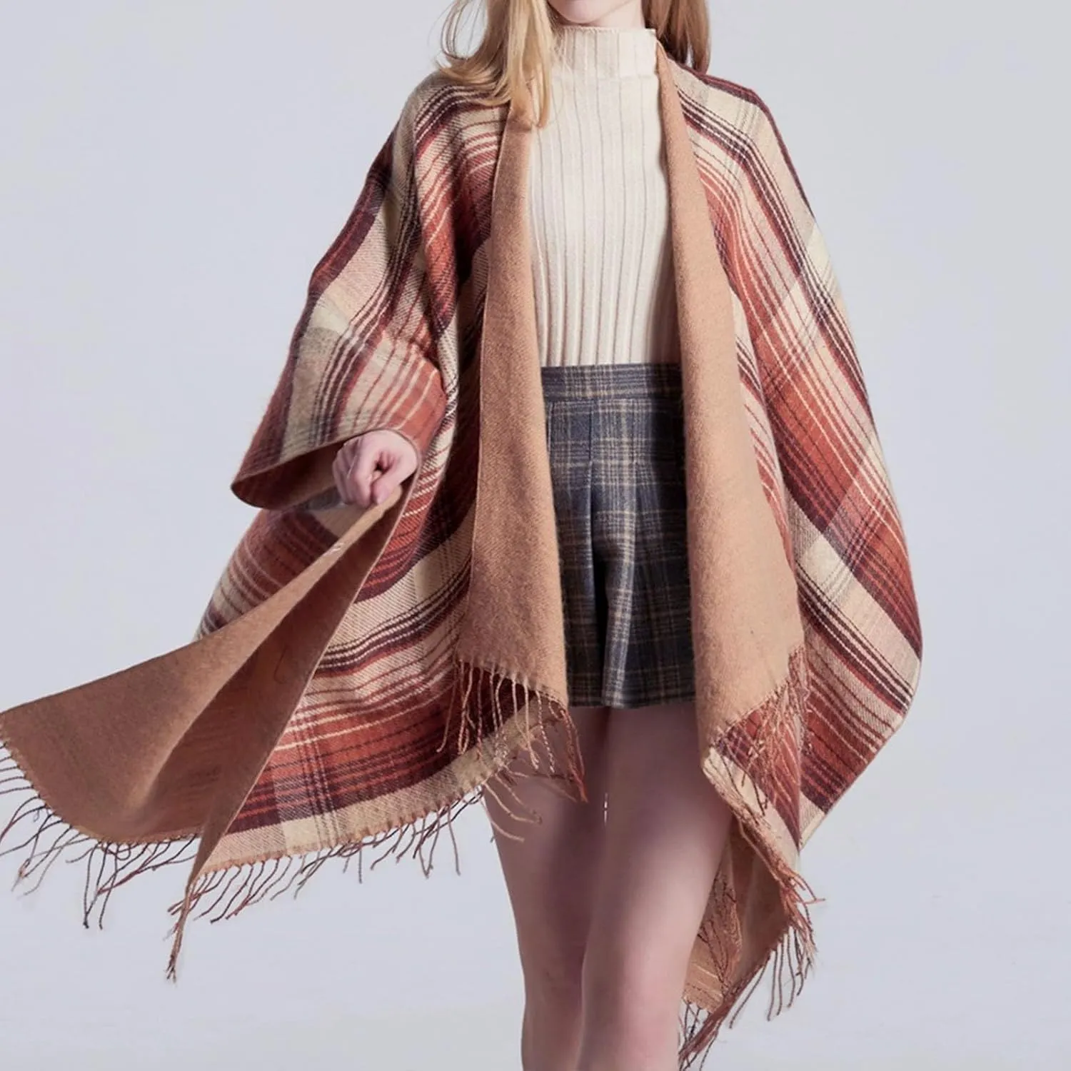 Women's Shawls Wraps Classic Plaid Open Front Poncho Winter Warm Blanket Cape Sweater Winter Thicken Tasswl Cardigan