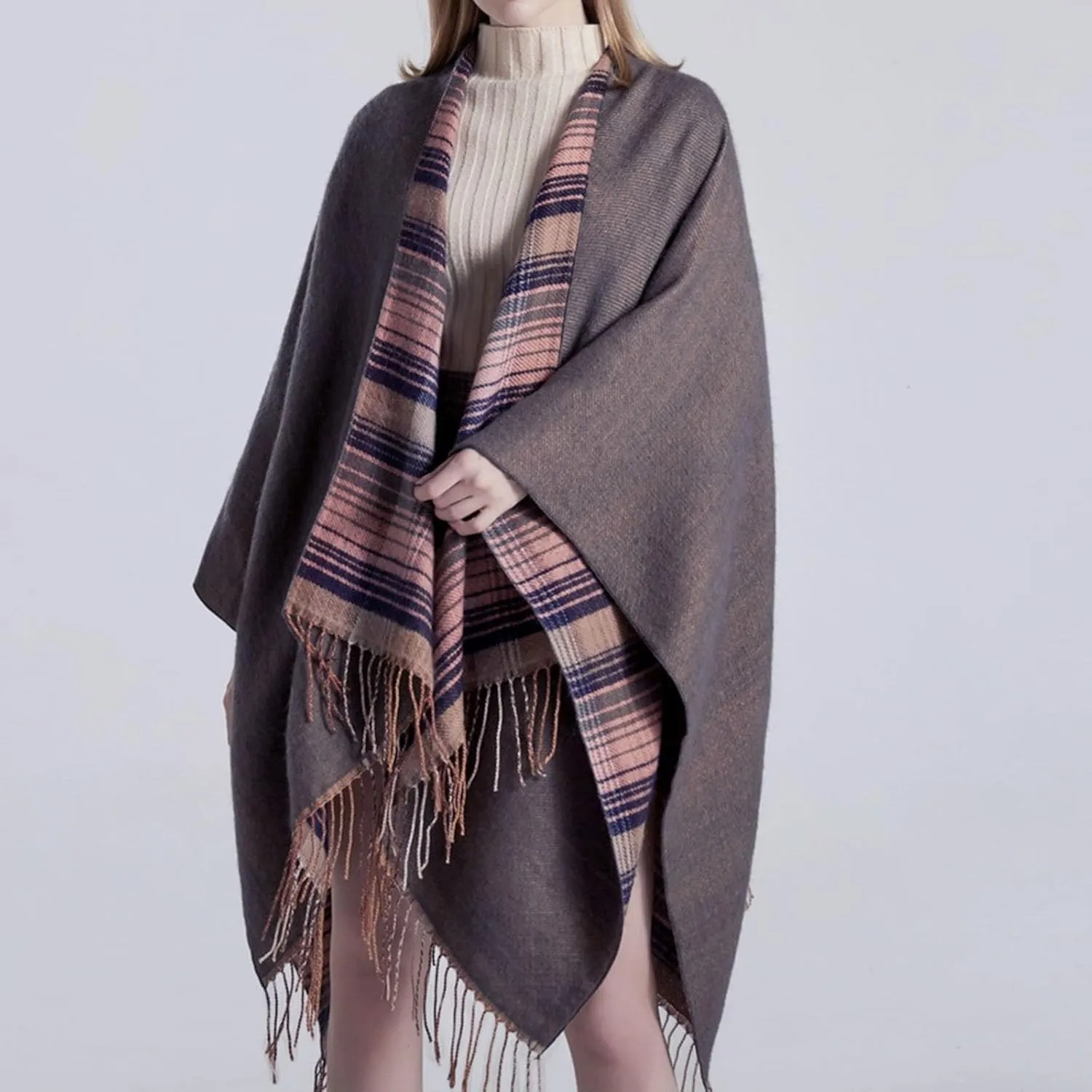 Women's Shawls Wraps Classic Plaid Open Front Poncho Winter Warm Blanket Cape Sweater Winter Thicken Tasswl Cardigan