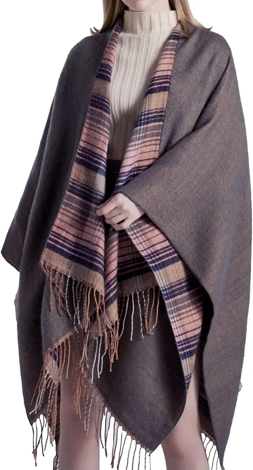 Women's Shawls Wraps Classic Plaid Open Front Poncho Winter Warm Blanket Cape Sweater Winter Thicken Tasswl Cardigan