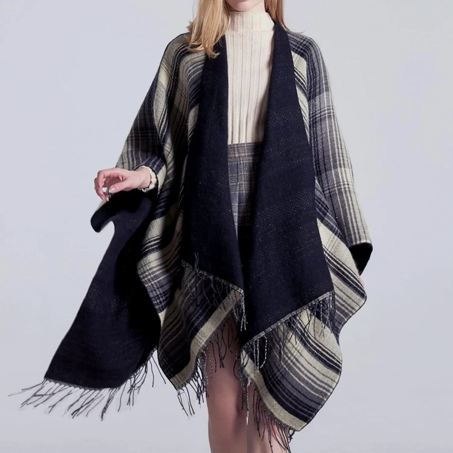 Women's Shawls Wraps Classic Plaid Open Front Poncho Winter Warm Blanket Cape Sweater Winter Thicken Tasswl Cardigan