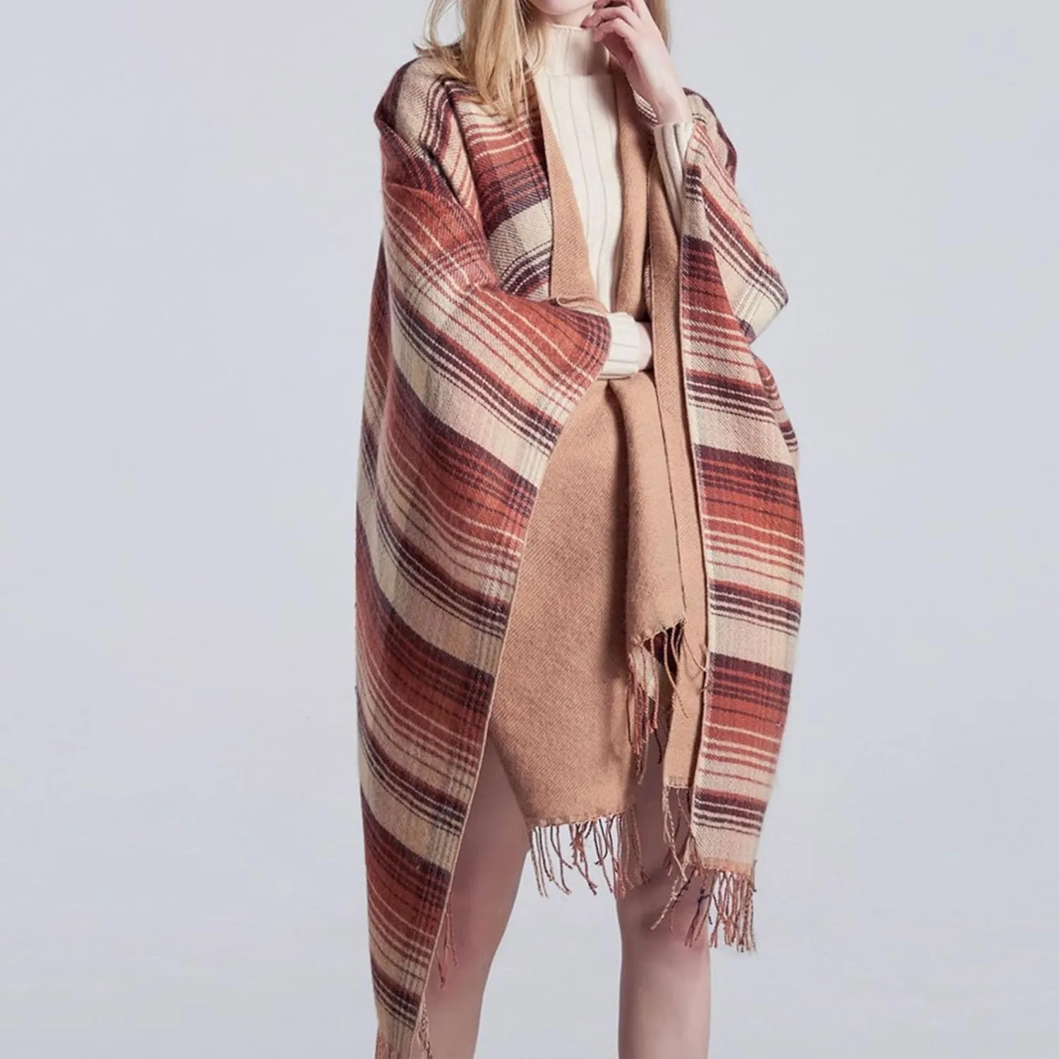 Women's Shawls Wraps Classic Plaid Open Front Poncho Winter Warm Blanket Cape Sweater Winter Thicken Tasswl Cardigan