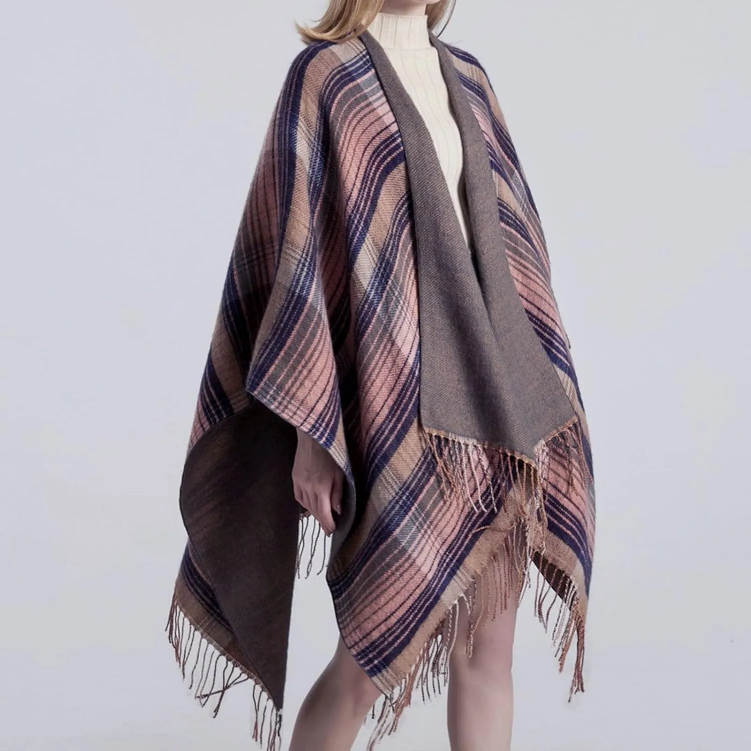 Women's Shawls Wraps Classic Plaid Open Front Poncho Winter Warm Blanket Cape Sweater Winter Thicken Tasswl Cardigan