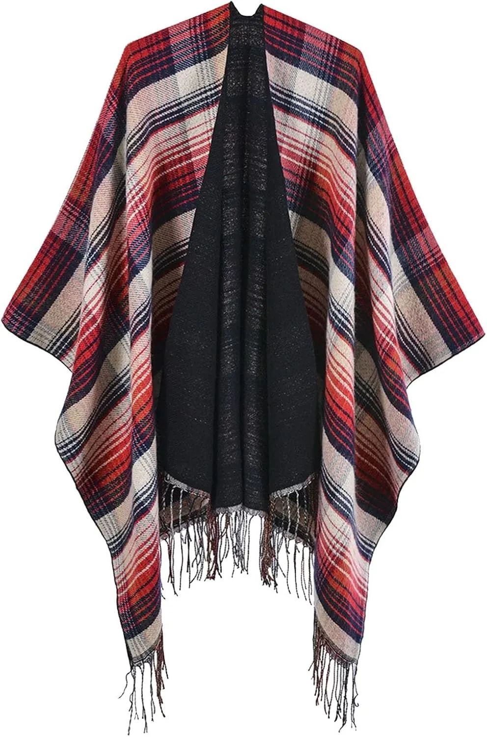 Women's Shawls Wraps Classic Plaid Open Front Poncho Winter Warm Blanket Cape Sweater Winter Thicken Tasswl Cardigan