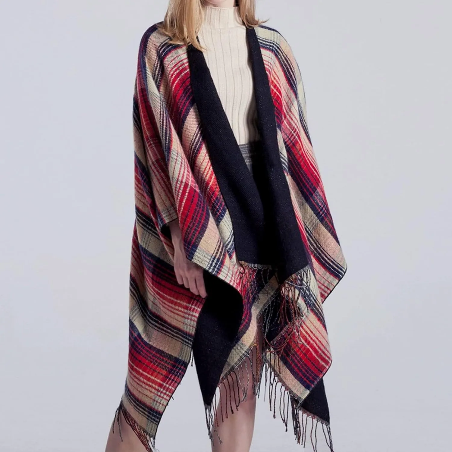 Women's Shawls Wraps Classic Plaid Open Front Poncho Winter Warm Blanket Cape Sweater Winter Thicken Tasswl Cardigan
