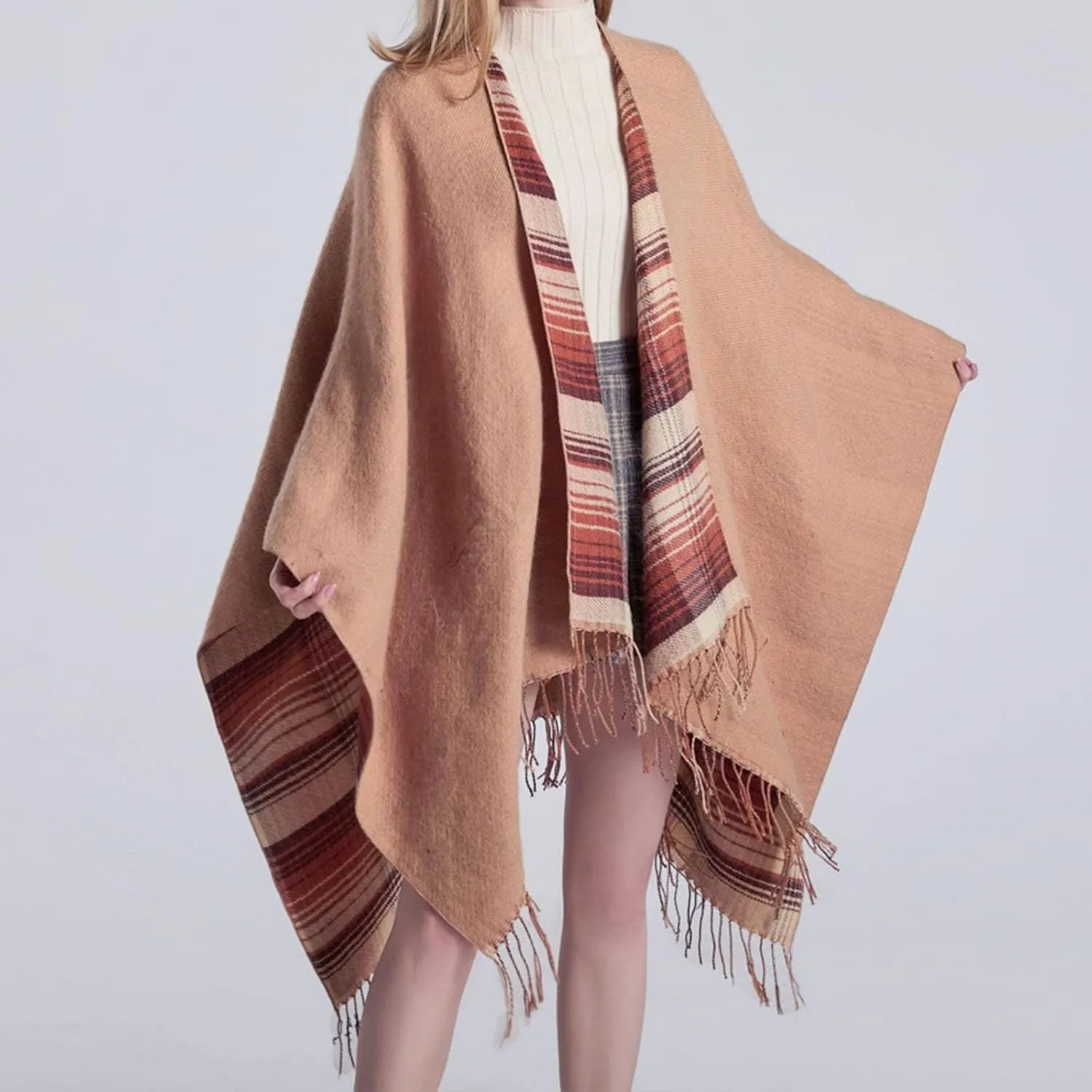 Women's Shawls Wraps Classic Plaid Open Front Poncho Winter Warm Blanket Cape Sweater Winter Thicken Tasswl Cardigan