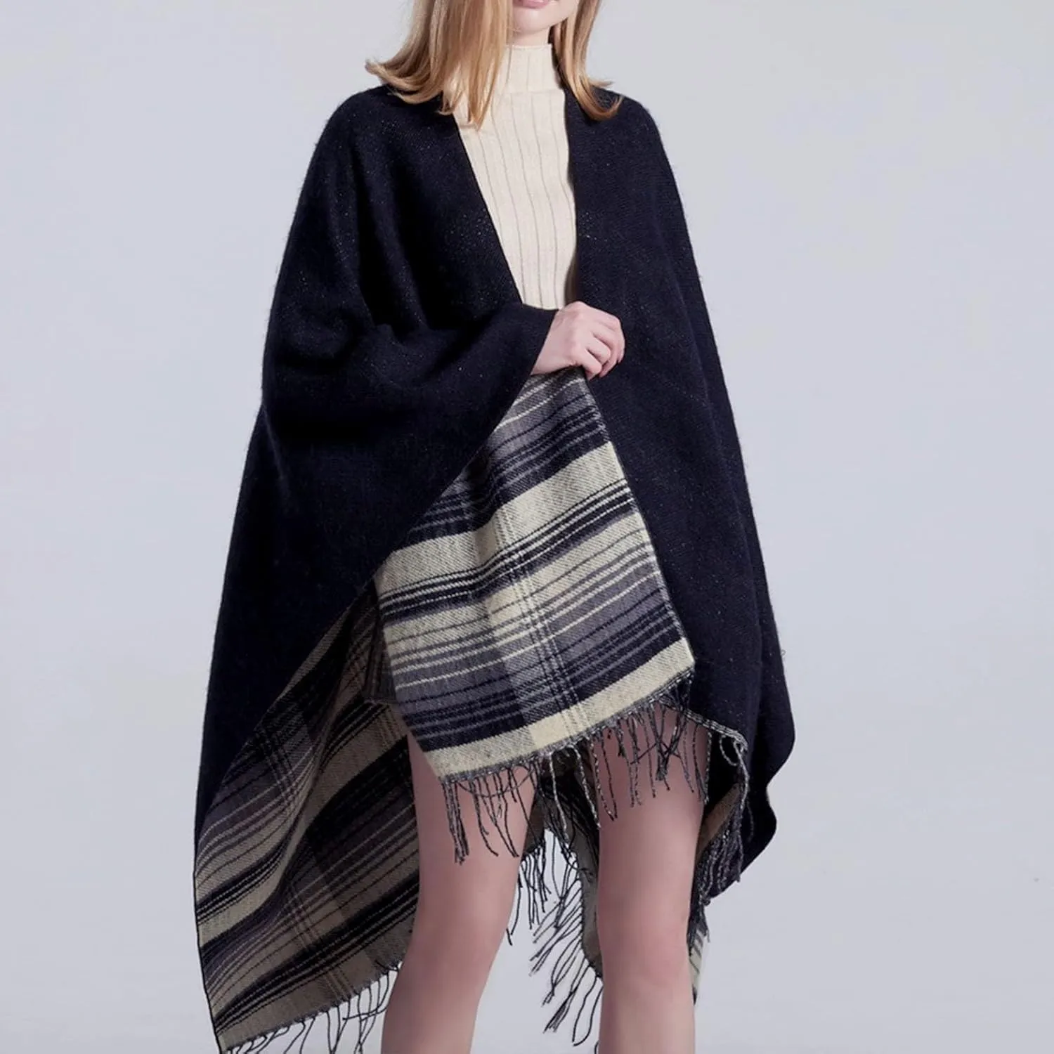 Women's Shawls Wraps Classic Plaid Open Front Poncho Winter Warm Blanket Cape Sweater Winter Thicken Tasswl Cardigan
