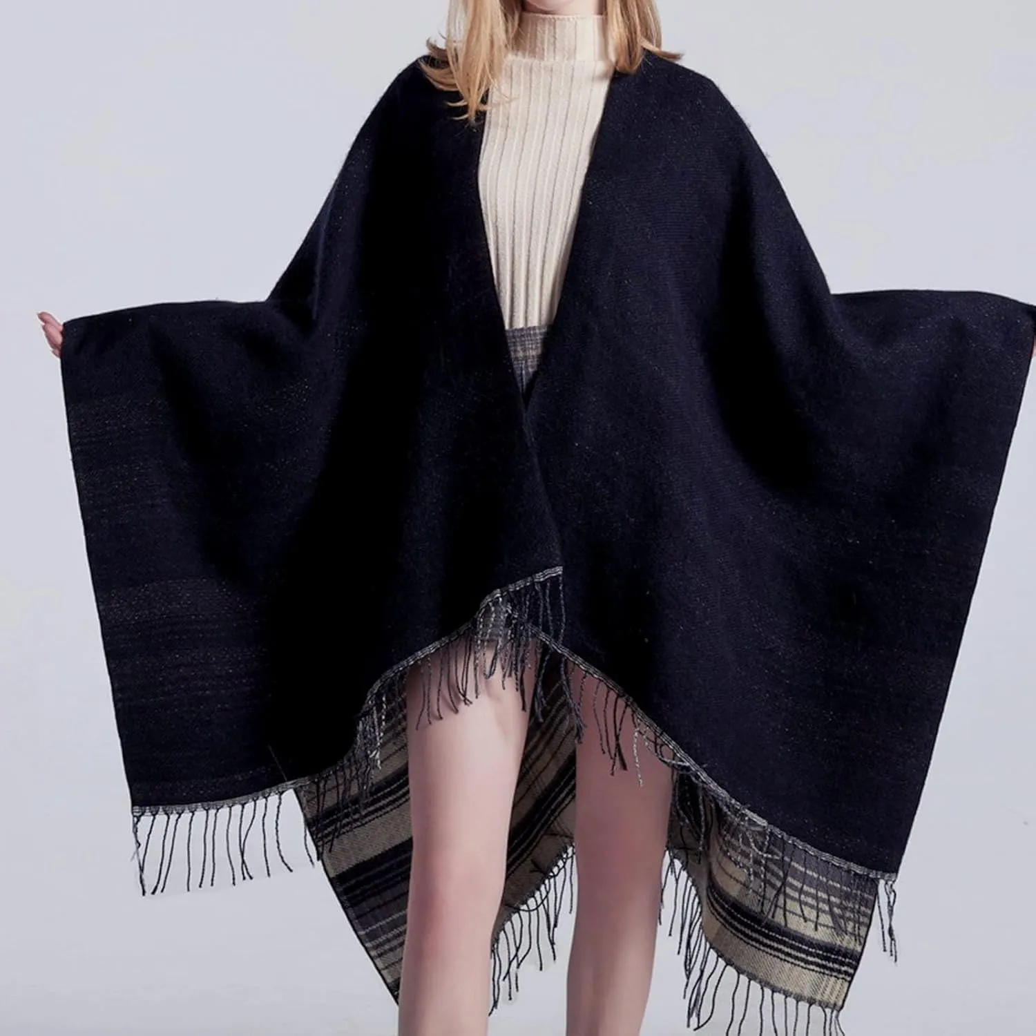 Women's Shawls Wraps Classic Plaid Open Front Poncho Winter Warm Blanket Cape Sweater Winter Thicken Tasswl Cardigan