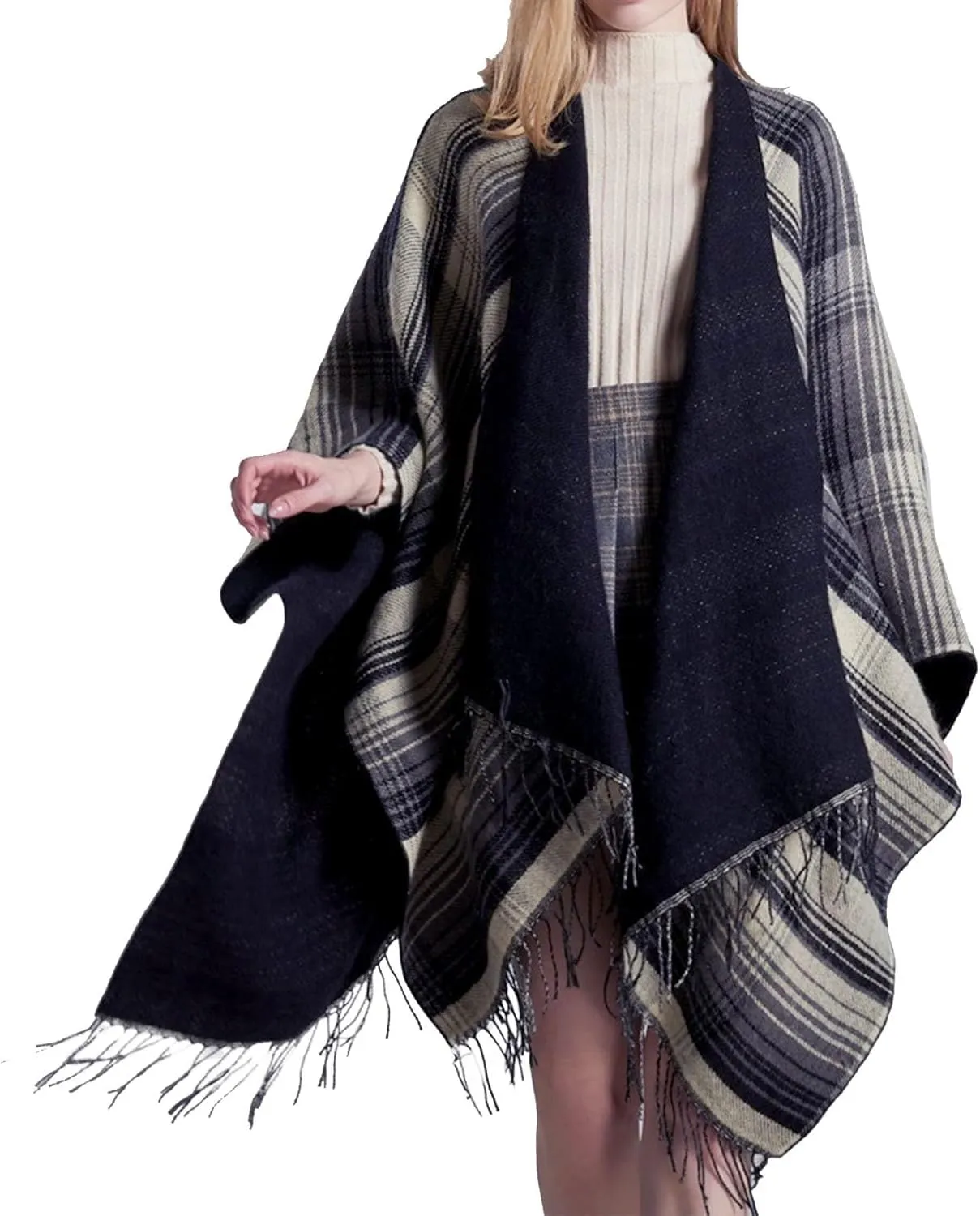 Women's Shawls Wraps Classic Plaid Open Front Poncho Winter Warm Blanket Cape Sweater Winter Thicken Tasswl Cardigan