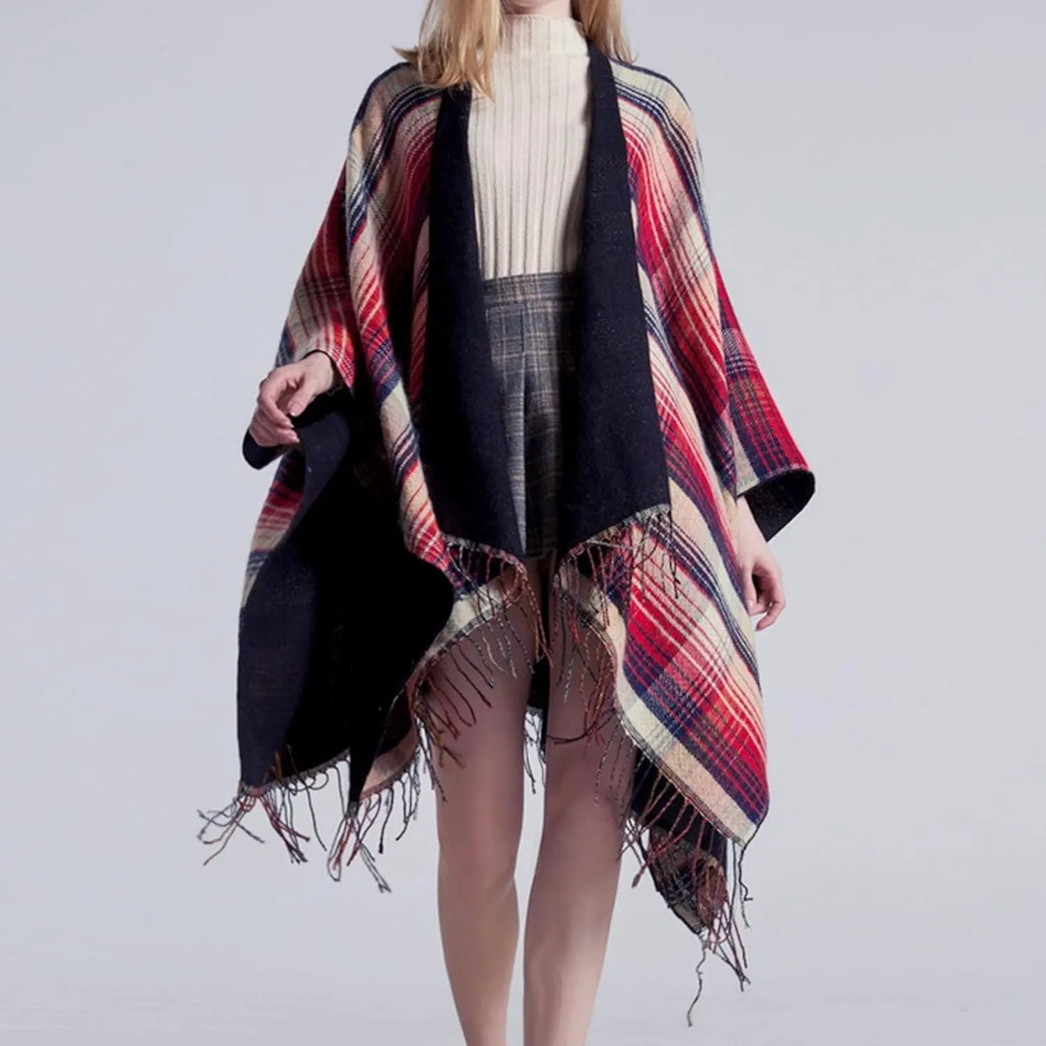 Women's Shawls Wraps Classic Plaid Open Front Poncho Winter Warm Blanket Cape Sweater Winter Thicken Tasswl Cardigan