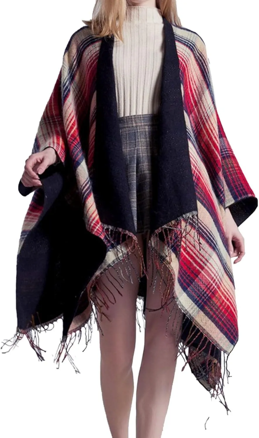 Women's Shawls Wraps Classic Plaid Open Front Poncho Winter Warm Blanket Cape Sweater Winter Thicken Tasswl Cardigan