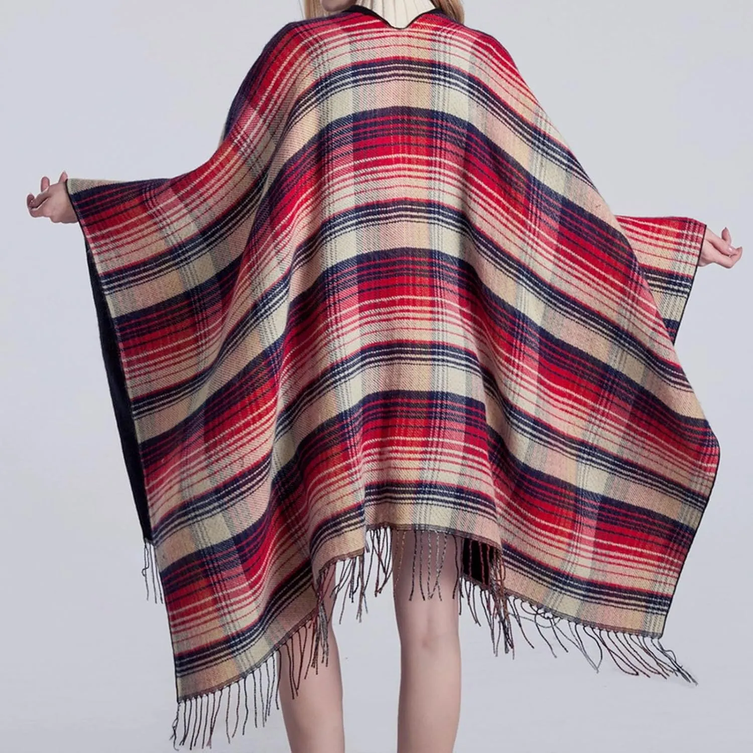 Women's Shawls Wraps Classic Plaid Open Front Poncho Winter Warm Blanket Cape Sweater Winter Thicken Tasswl Cardigan
