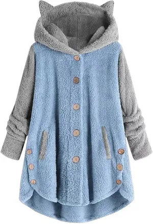 Womens Sherpa Jacket with Hood Plus Size Teddy Bear Coats 2024 Fall Button Down Fleece Faux Fur Cardigans Outerwear