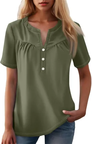 Womens Short Sleeve Henley Shirts Summer Womens Blouses Dressy Casual Pleated V Neck Curved Hem Tunic With Leggings