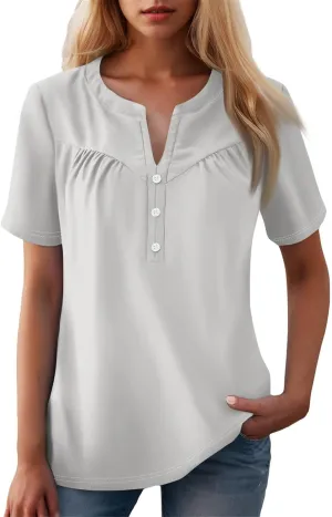 Womens Short Sleeve Henley Shirts Summer Womens Blouses Dressy Casual Pleated V Neck Curved Hem Tunic With Leggings