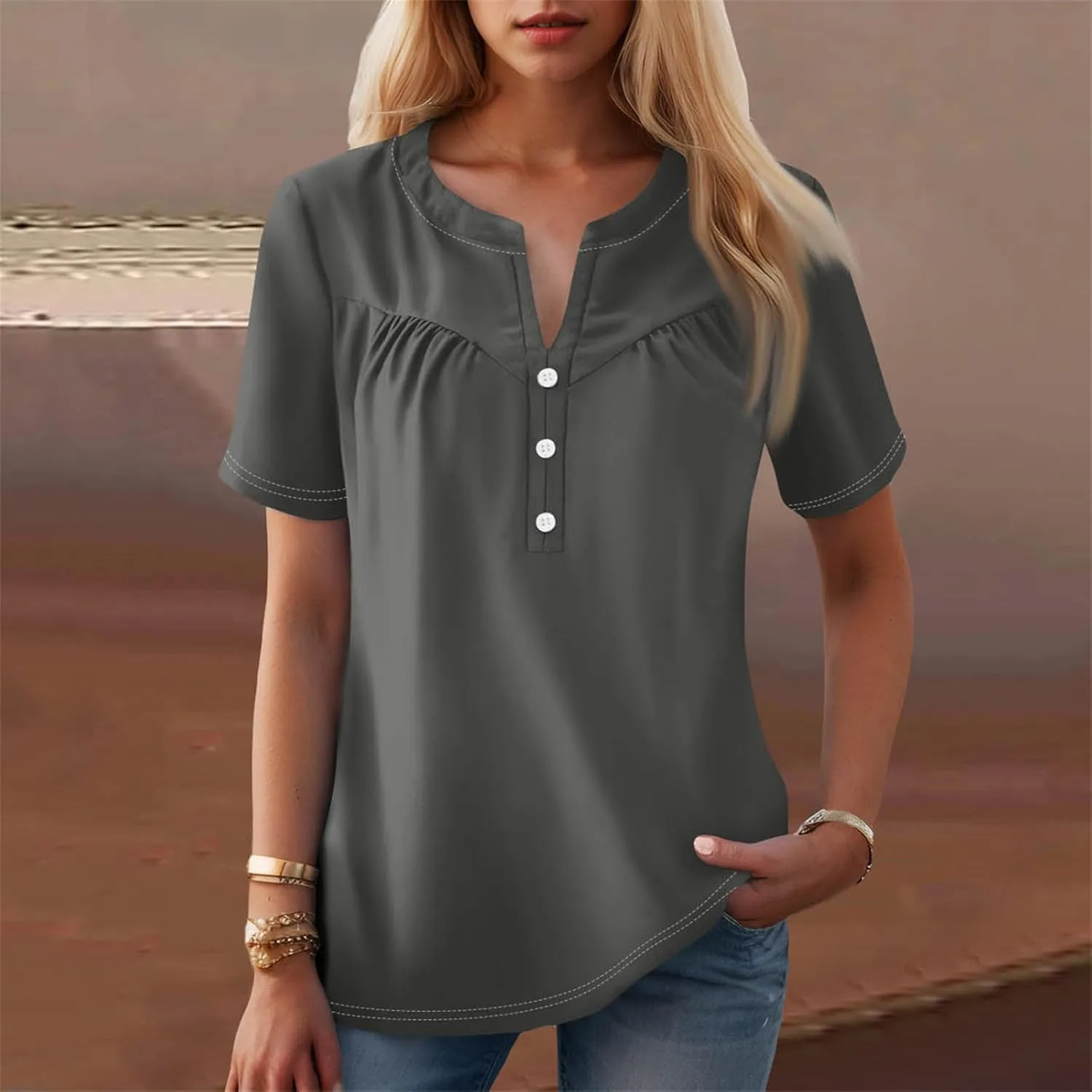 Womens Short Sleeve Henley Shirts Summer Womens Blouses Dressy Casual Pleated V Neck Curved Hem Tunic With Leggings
