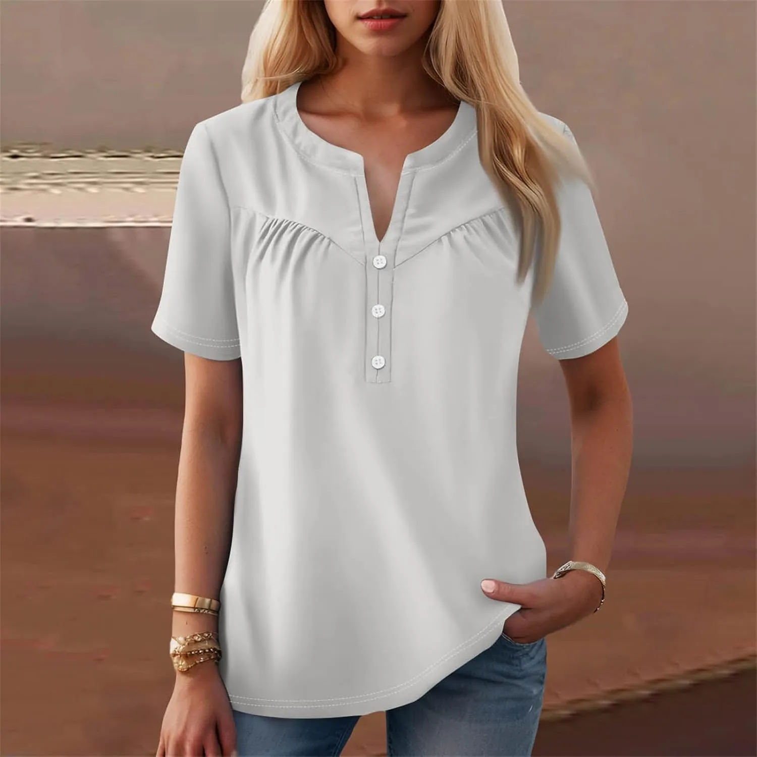 Womens Short Sleeve Henley Shirts Summer Womens Blouses Dressy Casual Pleated V Neck Curved Hem Tunic With Leggings
