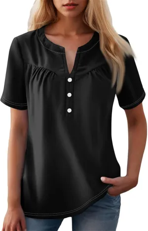 Womens Short Sleeve Henley Shirts Summer Womens Blouses Dressy Casual Pleated V Neck Curved Hem Tunic With Leggings